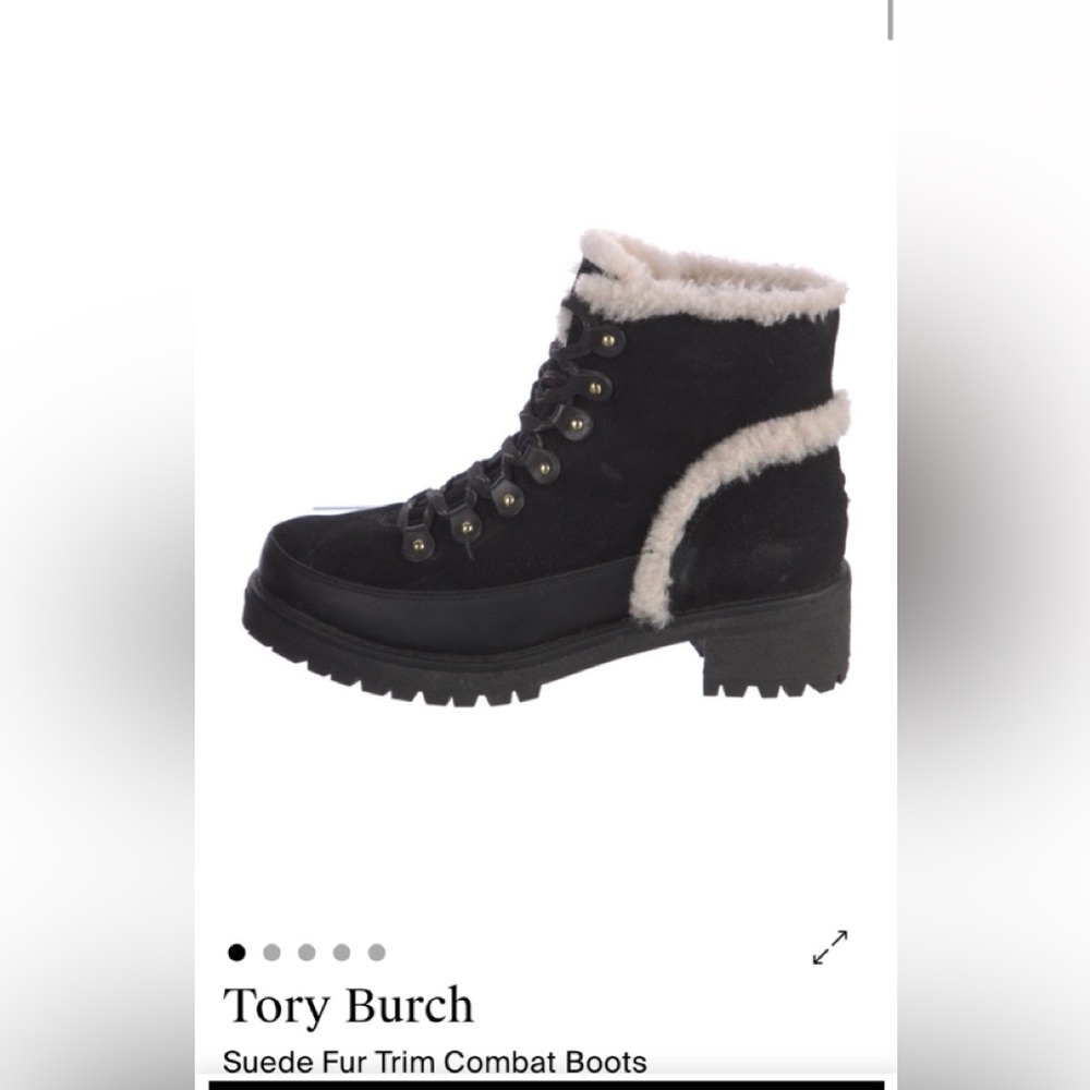 Tory Burch Black Suede Combat Boots with Fur Trim